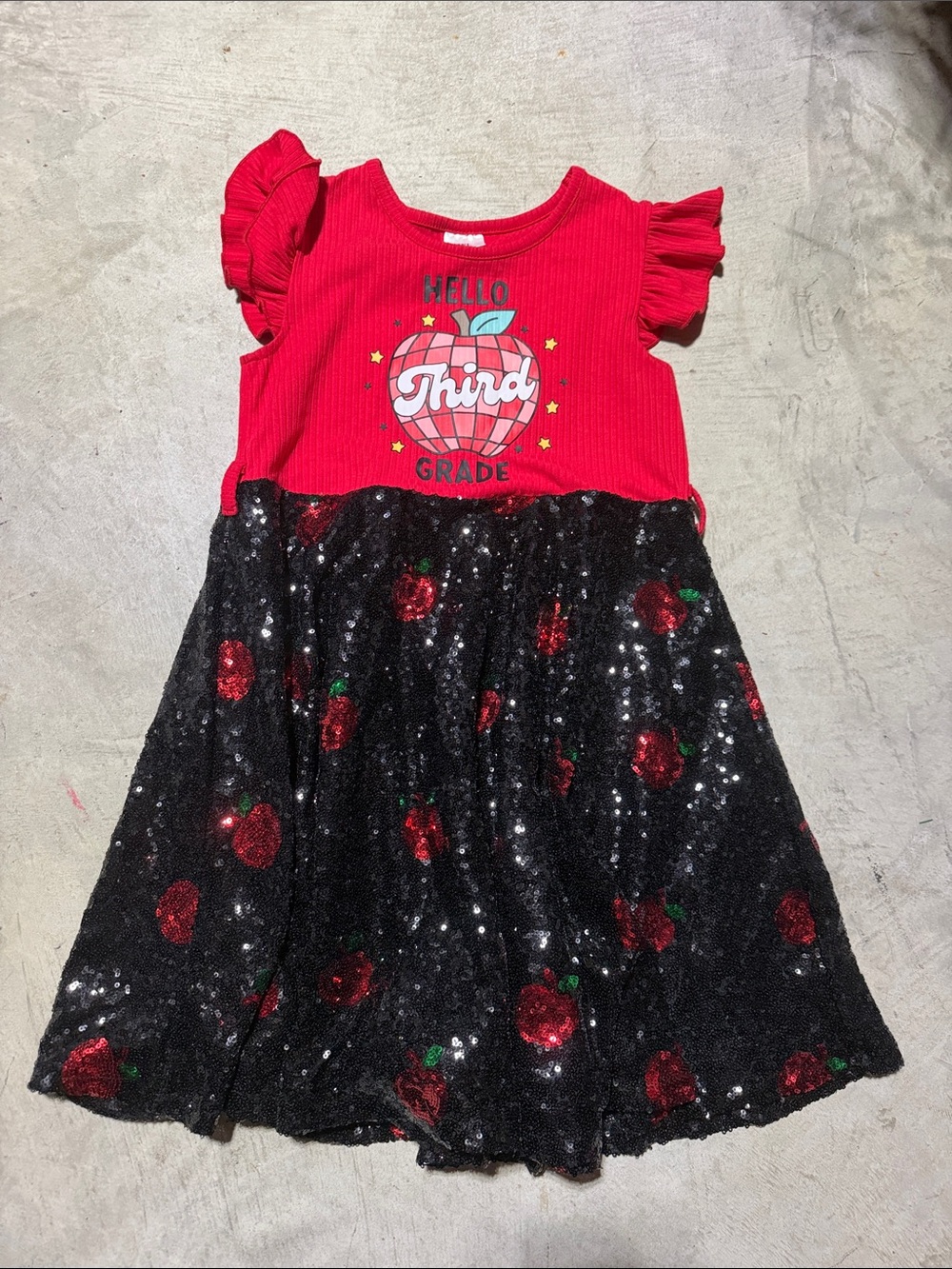 Red "Hello Third Grade" Ruffle Sleeve Dress with Sequin Apple Skirt